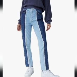 NWOT PacSun mom jeans, two-tone,straight-leg, high-rise,blue cotton denim,sz 27.